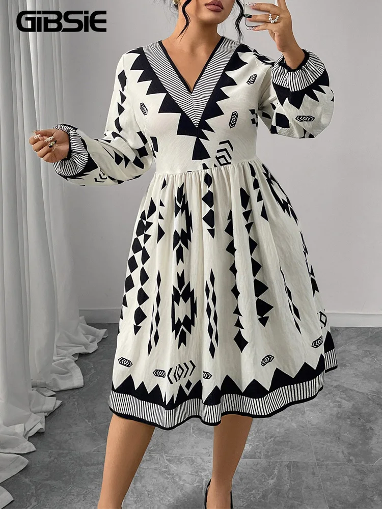 

GIBSIE плюс размер геопринт с v-образным вырезом и рукавами-фонариками, женское платье трапециевидной формы, осень 2022, праздничные повседневные женские платья миди с высокой талией