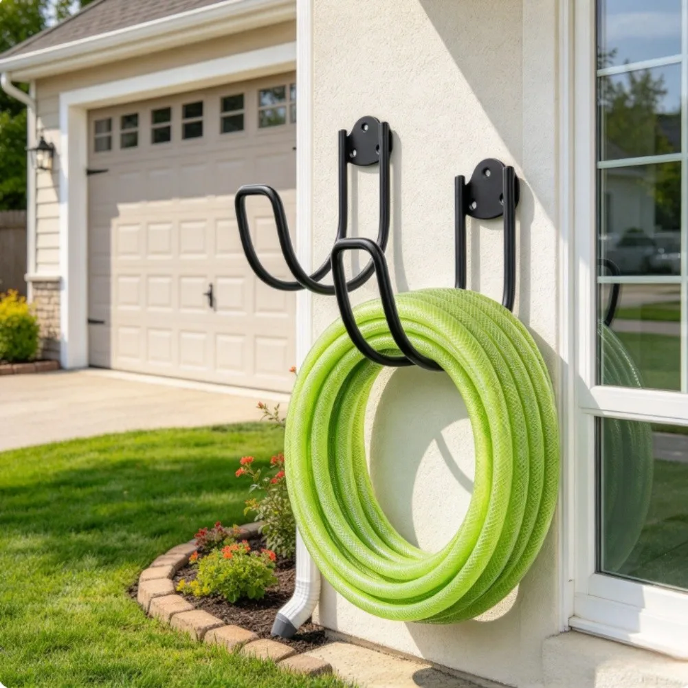 Wall Mounted Iron Hose Rack 4 Piece Set for Garden Water Pipe Storage in Outdoor Environments Including Patios Garages and Sheds