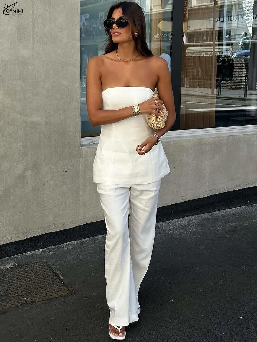 

Oymimi Casual White Cotton Two Piece Outfits Woman Fashion Strapless Simple Tops And High Waist Straight Trousers Female Sets