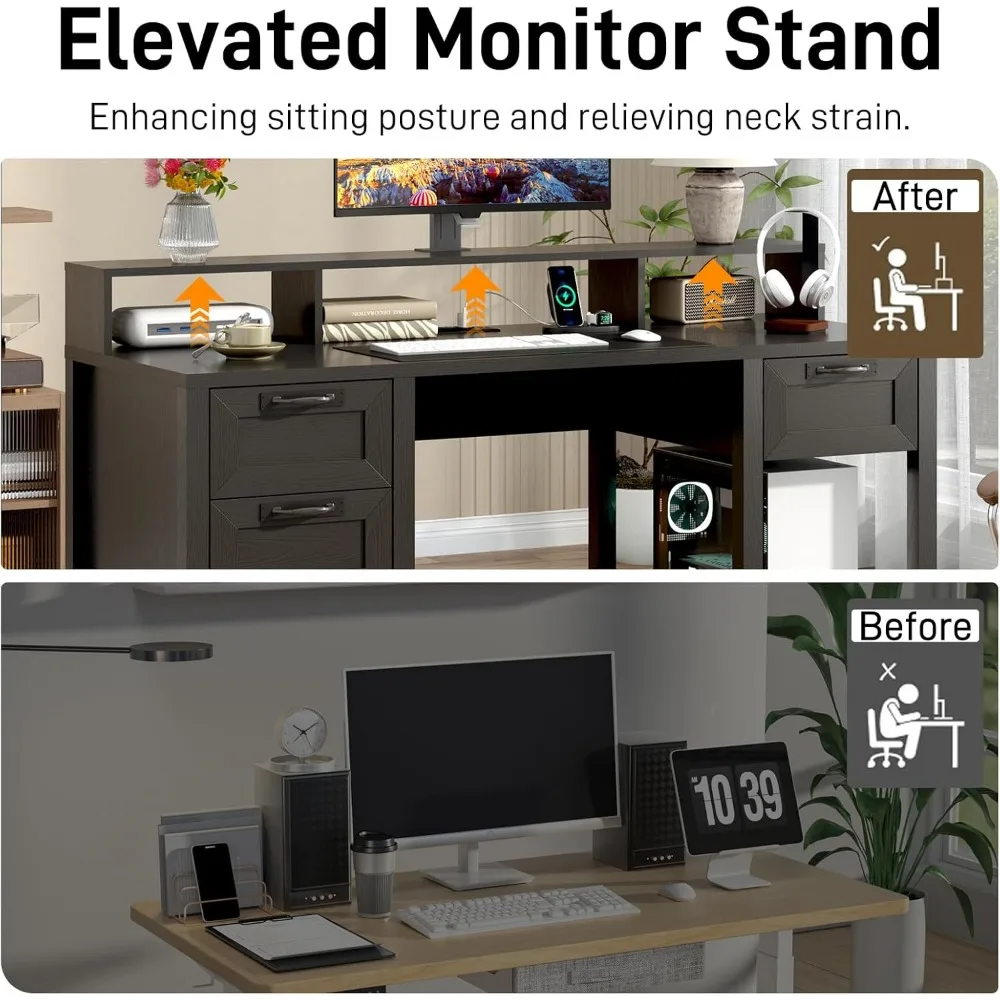 59" Farmhouse Computer Desk with 4 File Drawer & Power Outlet & Led Lights, Wood Home Office Desk with Long Monitor Stand, Compu
