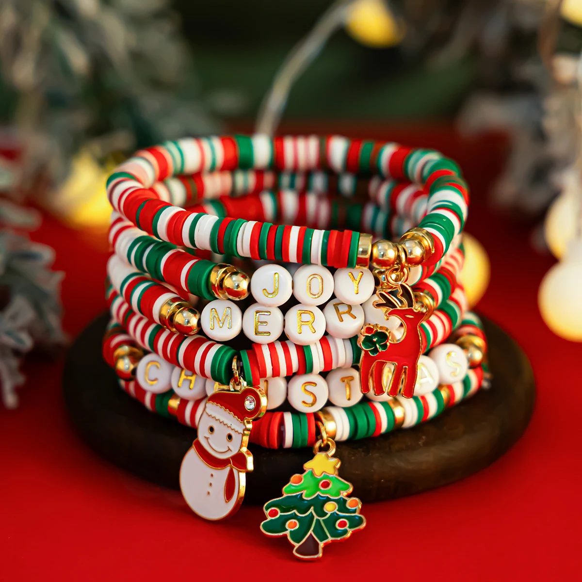 IngeSight.Z 6pcs/set Christmas Snowman Elk Tree Charm Bracelet Set Women Classic Polymer Clay Letter Beads Elastic Bracelets