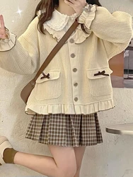 Autumn Japanese Lolita 3 Piece Set Women Peter Pan Collar Sweet Mini Skirt Suit Female Kawaii Bow Vintage Plaid Skirts Suit 2023