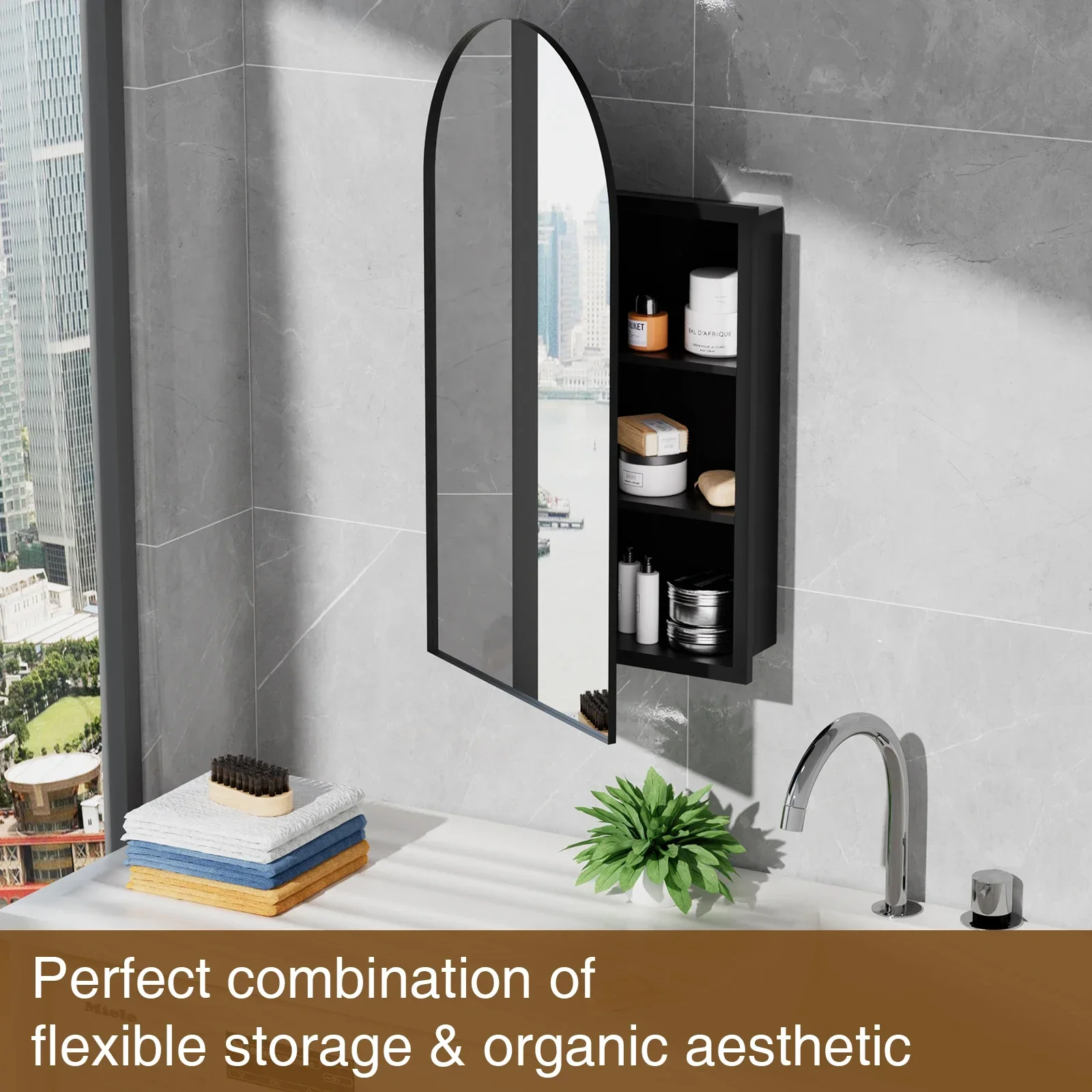 خزانة مرآة حمام مقوسة، قوس منحني، خزانة حمام مثبتة على الحائط، خزانة تخزين جاهزة مجمعة مع رف قابل للتعديل