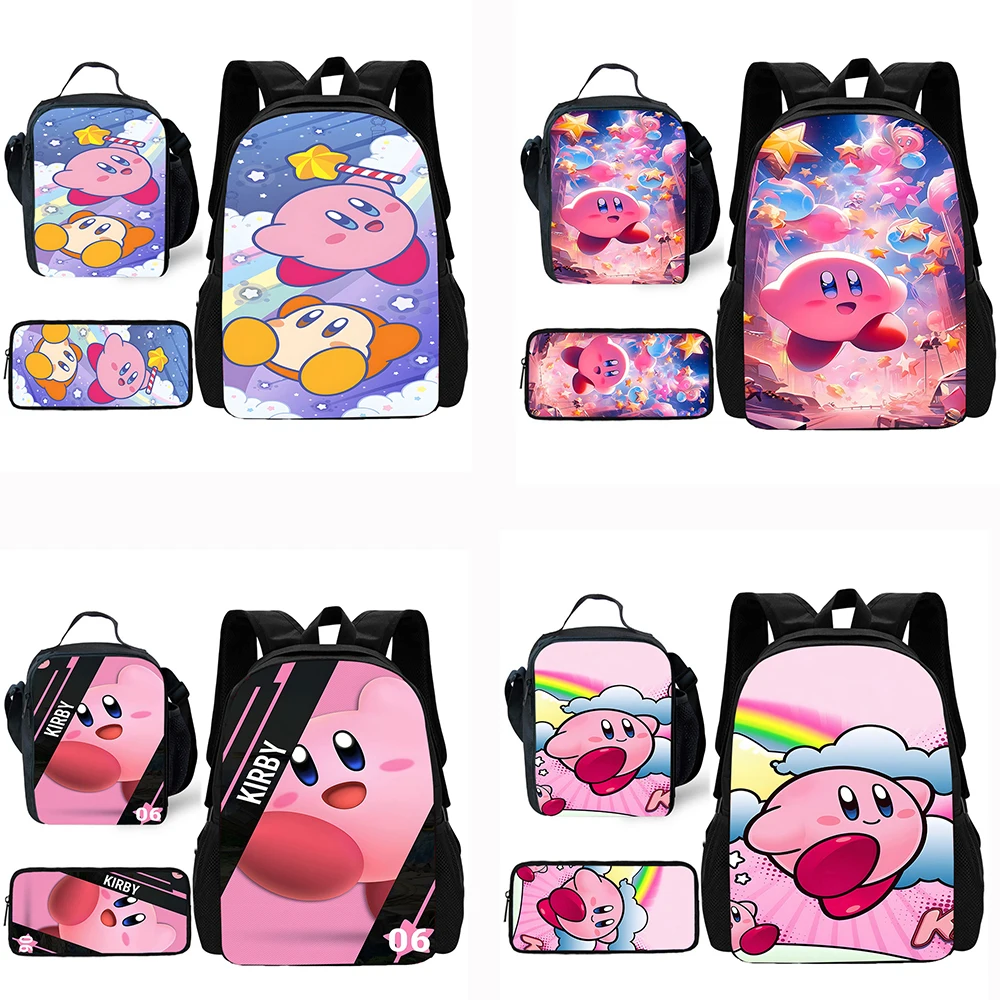 Cute Pink Kirbys Mochila com Lunch Bags, Sacos de lápis, Mochilas escolares para meninos e meninas, Melhor presente para criança