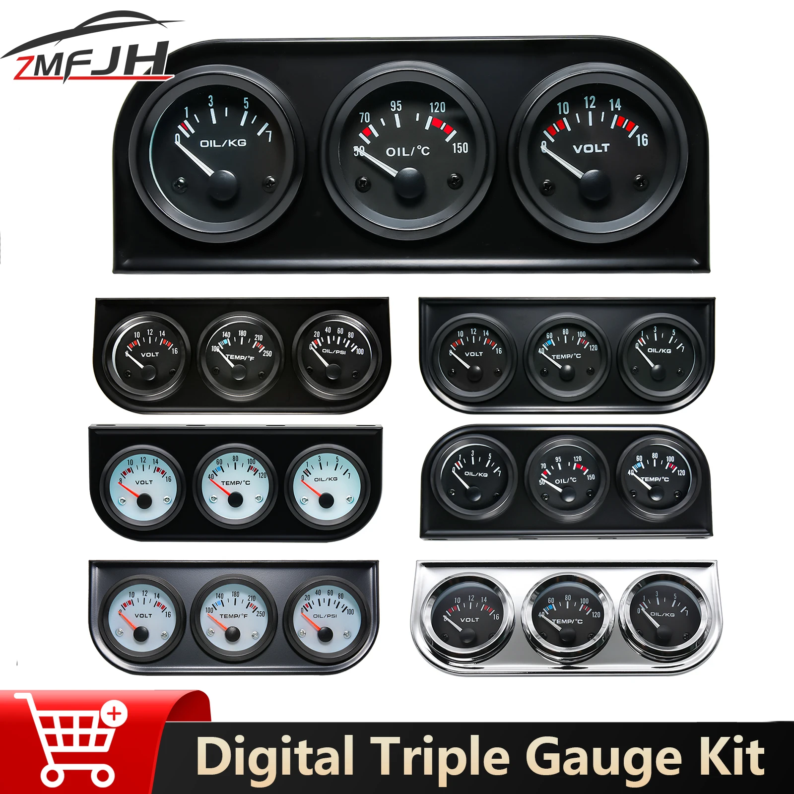 

Digital Car Triple Gauge Kit Water Temp Oil Pressure Oil Temp Gauge Voltmeter With Sensor 1/8 NPT For Racing Car 3 In 1 Meter