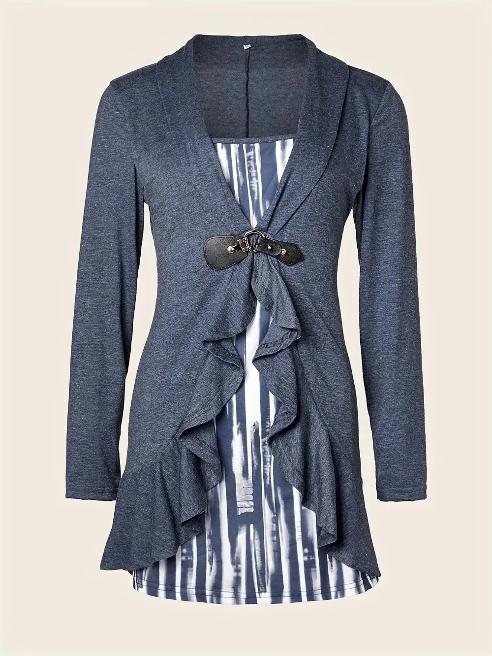 2024 Women Fake Two Pieces Tops Print Striped Long Sleeve Tops Tees Casual Mom T-Shirts Splice Ruffles Streetwear