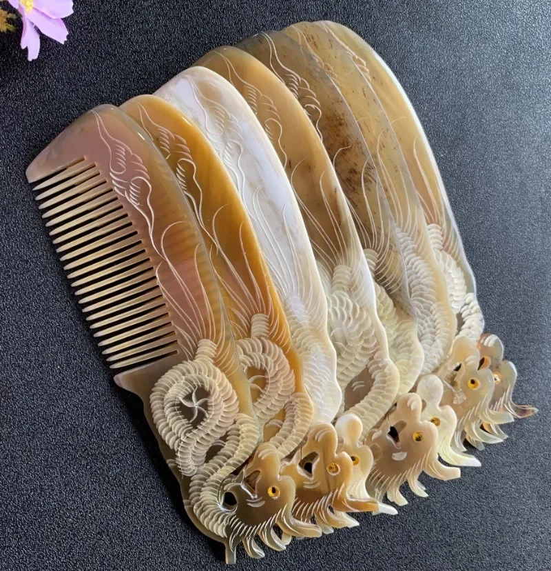 Handmade Natural Ox Horn Comb Anti Static Buffalo Combs Dragon Phoenix Carving Professional Detangling Massage Fine Tooth Comb