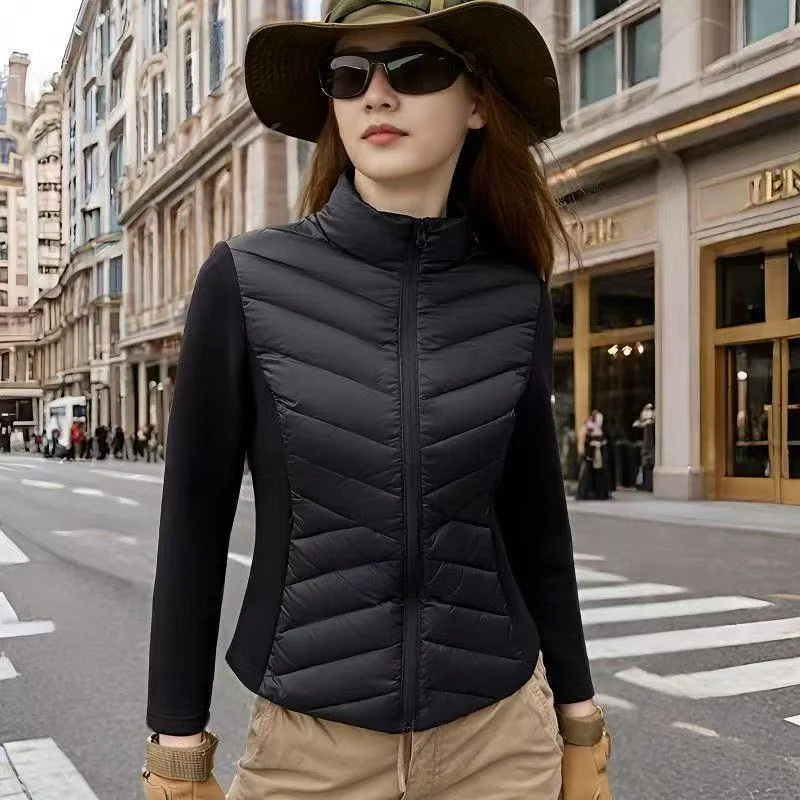 

Women's Spring Autumn Winter Light Thin Down Cotton Coat Short Woolen Splicing Sports Stand Collar Warm Windproof Sports Jacket