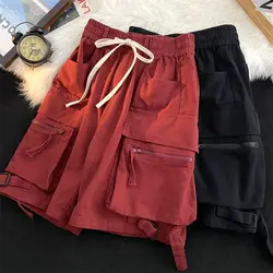 Summer New High Street Loose Wide Leg Red Shorts Elastic Waist Solid Pockets Patchwork Men Women Shorts Casual Trend Clothing