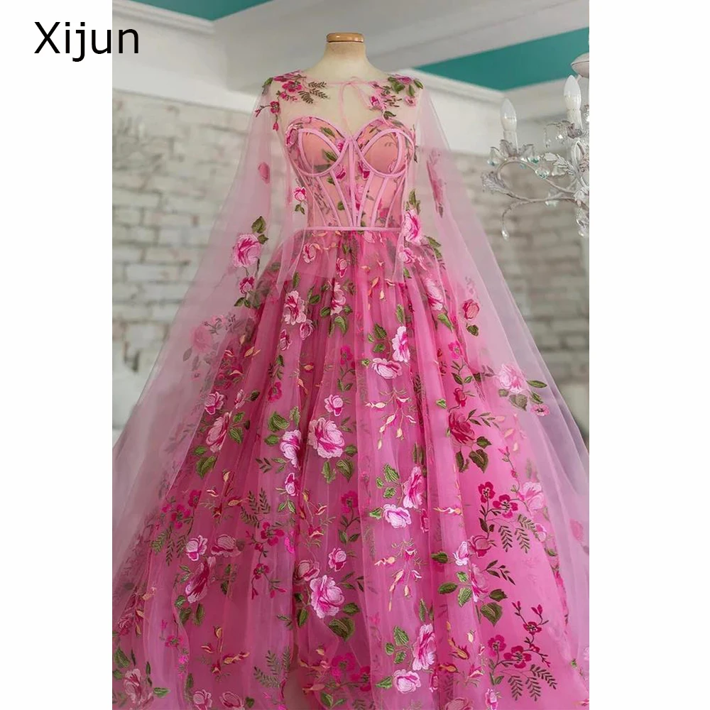 Romantic Pink Evening Dress Flower Embroidery Lace A-Line Prom Dresses Fairy with Jacket Party Dresees For Girls Graduation 2022