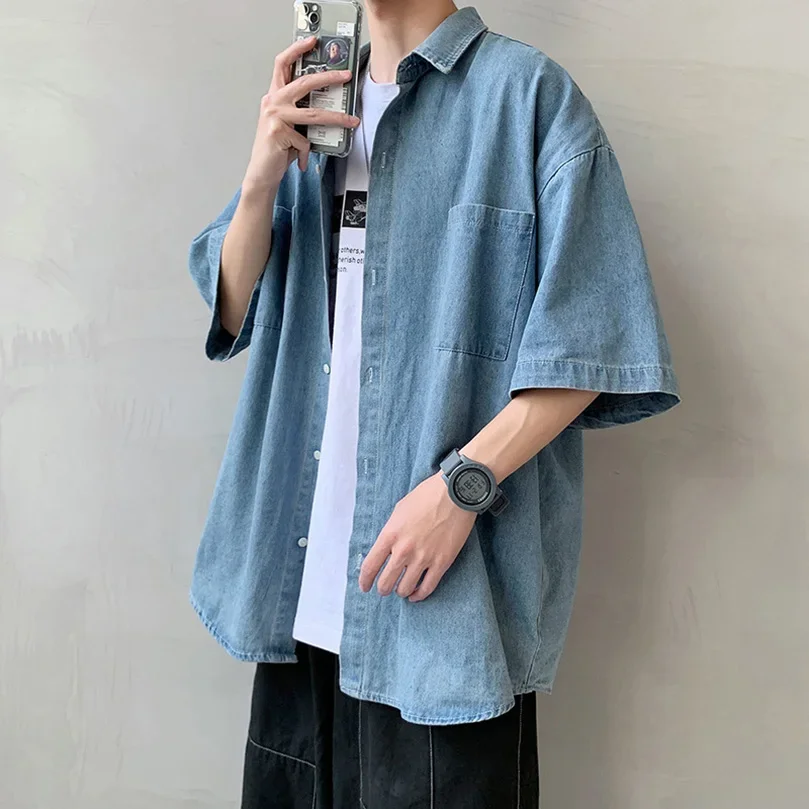 Summer Brand Denim Shirt Men Short Sleeve Cargo Shirt Coat Loose University Handsome Top Clothes 2024 Cowboy Oversize