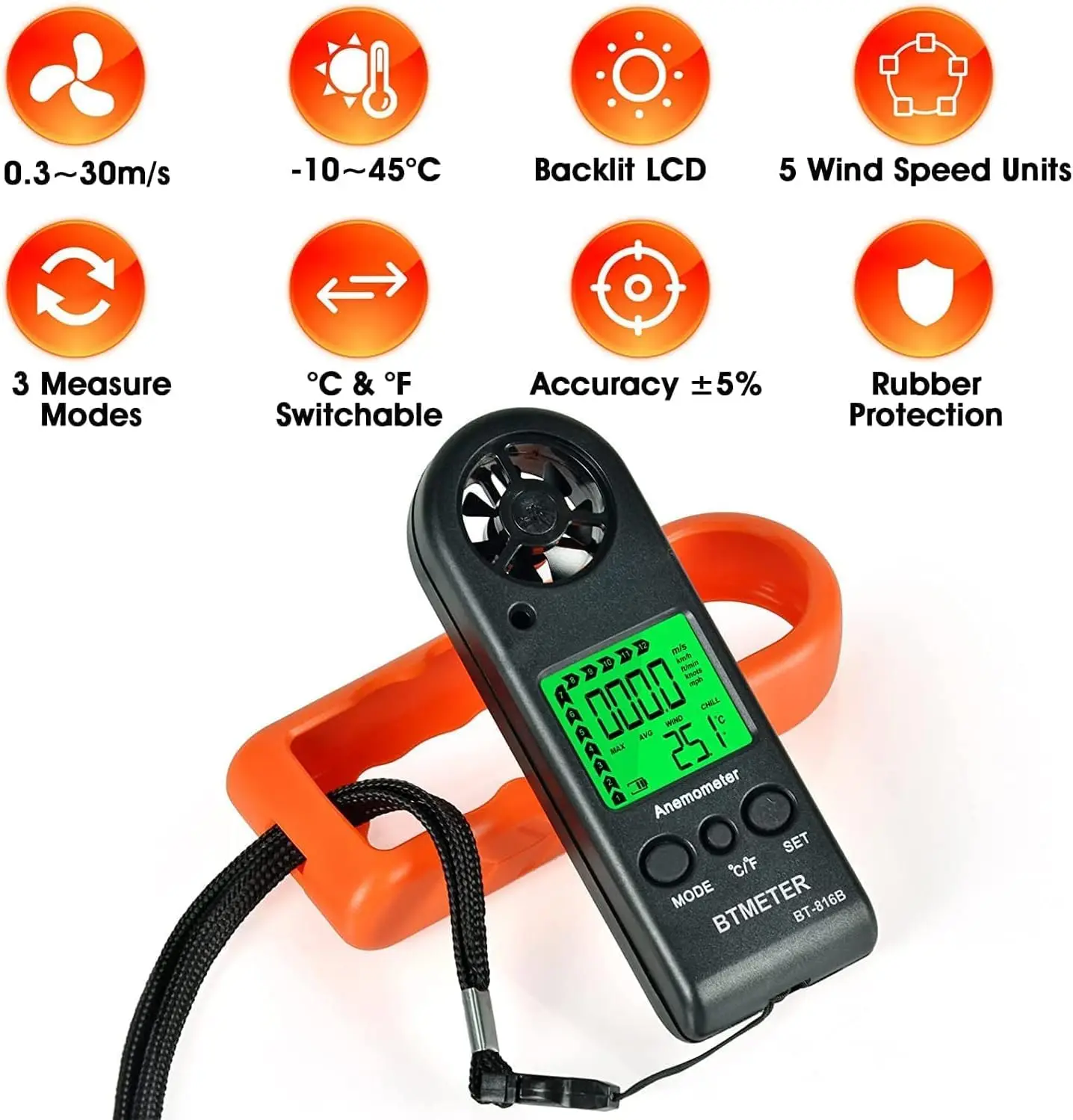 2 قطعة BT-816B مقياس شدة الريح المحمول ، مقياس سرعة الرياح ، مستشعر الرياح ، جهاز اختبار سرعة الهواء مقياس شدة الريح الهوائي لقارب التصويب HVAC CFM ، مقياس BEMETER