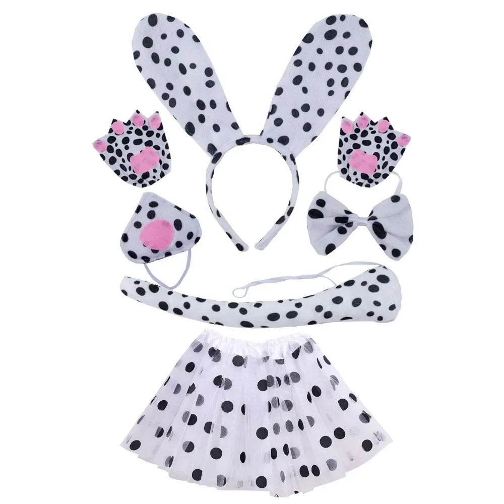 Girls Teens  Dalmatian Costume Set Dog Ears Headband Bow Tie Tail Tutu Skirt Halloween Christmas Cosplay Costume