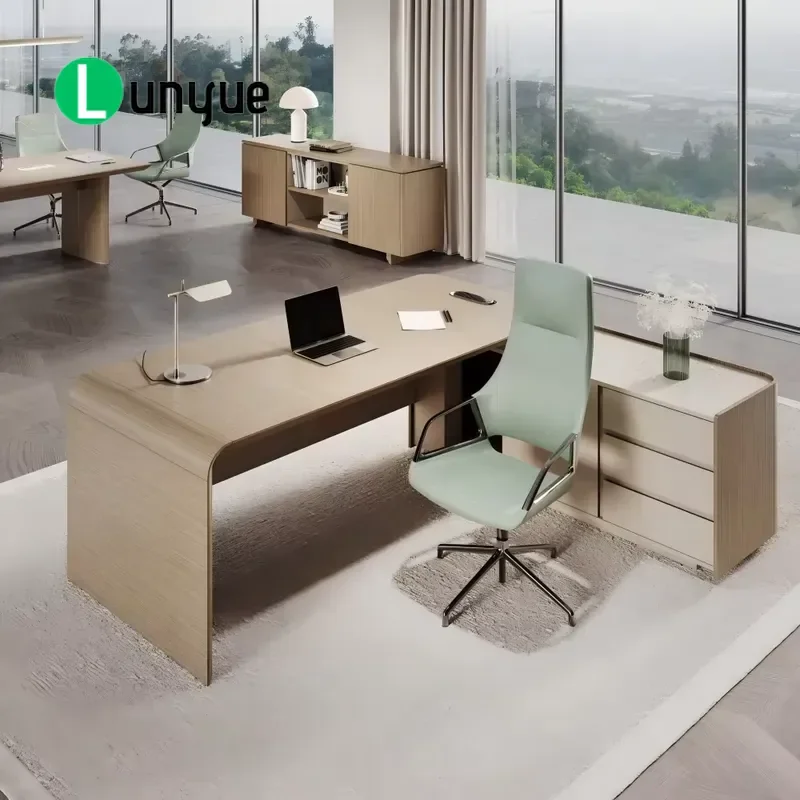Modern L Shaped Executive Desk Curved Edge Silver Pear Wood MFC Board Office Manager Workstation with Side Locker Storage