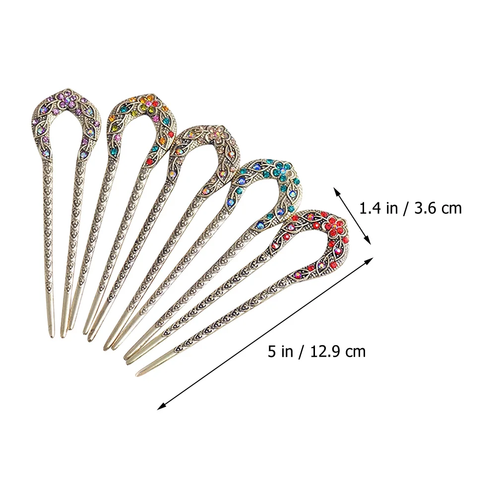 5 Pcs Vintage Rhinestone Hairpin French Large Stick Pins for Styling Sticks Buns Chinese Accessories Long