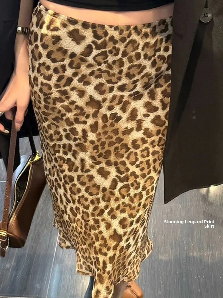 Trendy Leopard Print Wrap Skirt Half-length Slimming A-line Printed High-waist Women's Fashionable Gown Elegant Slim Fit Skirt