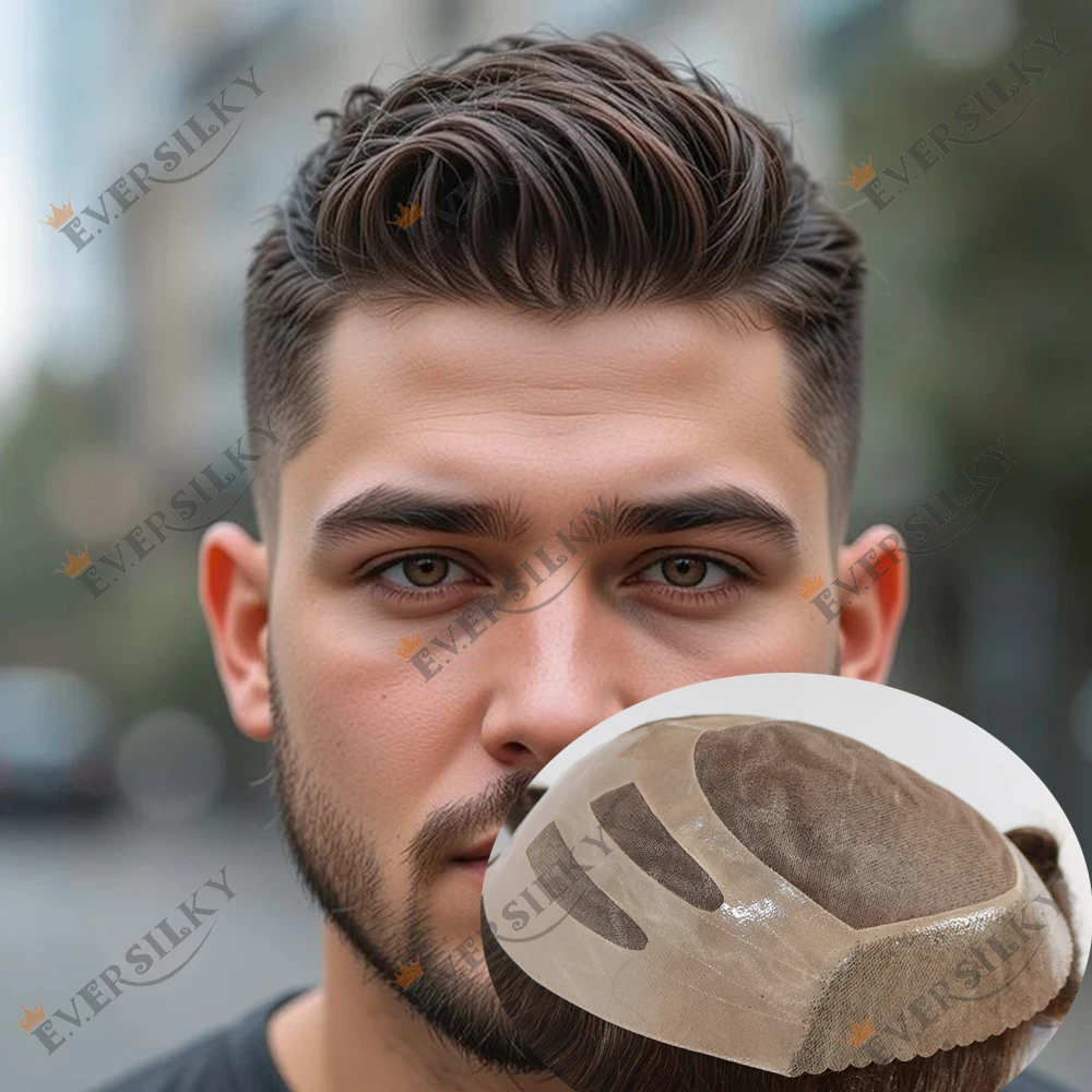 

Пепельно-русый прочный мужской парик NPU Bond темно-коричневый 100% человеческие волосы тонкий моно незаметный мужской капиллярный протез парик система