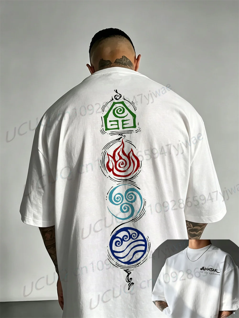 Luft Wasser Erde Feuer Vier-Elemente-Symbol Grafik-T-Shirt Airbender Film-T-Shirt 2-seitiges Streetwear Sommer-T-Shirt für Männer und Frauen – Detail 5