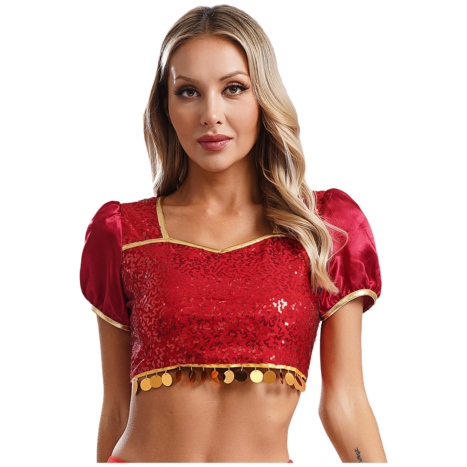 Womens Indian Belly Dance Costume Square Neck Puff Sleeve Sequins Circle Tassels Belly Dance Crop Top Dance Performance Costume