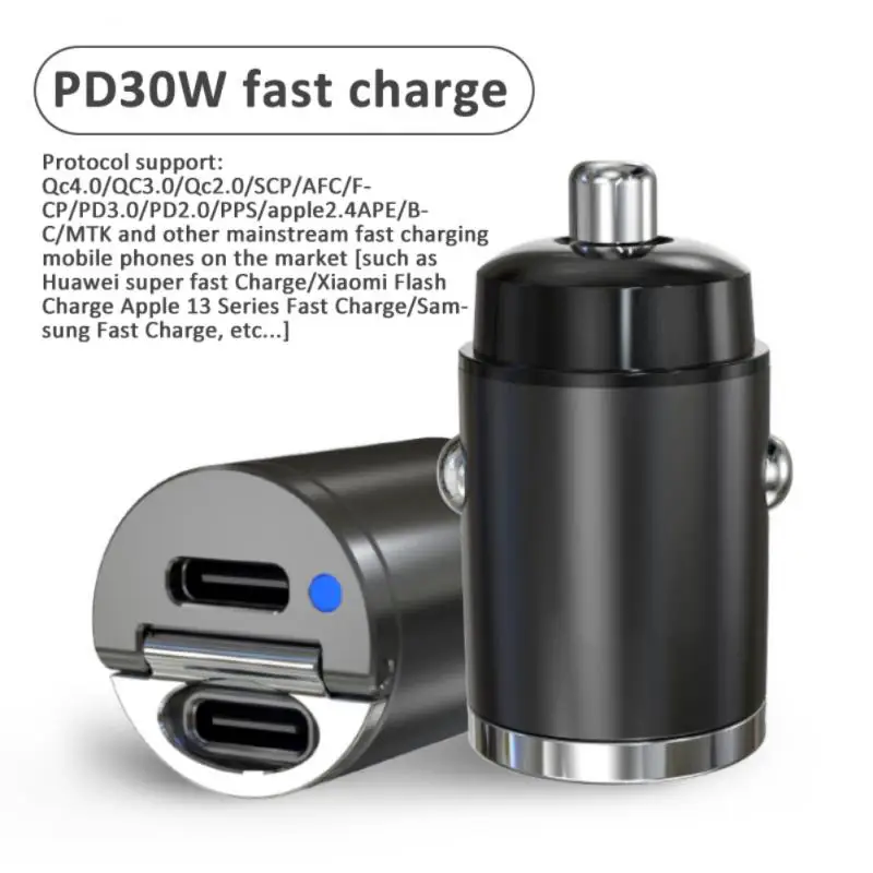 Mini cargador de coche de 30W, carga rápida PD + QC/PD + PD, USB Dual tipo C, adaptador de encendedor de cigarrillos automático, accesorios de 12-24V