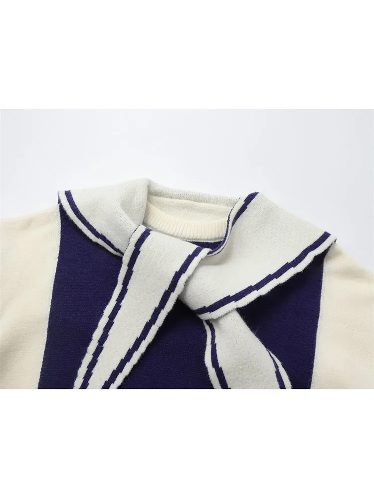 2022 Women Sweater Oversized Preppy Style Patchwork Knitted Basic Pullovers Sailor Collar Loose Soft Female Knitwear Jumper Tops