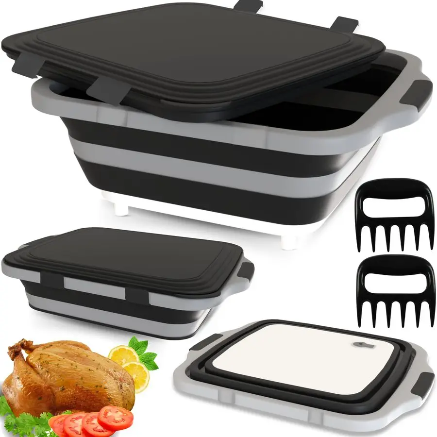 

Многофункциональный контейнер для подготовки к барбекю с 2 насадками-измельчителями мяса, складной разделочной доской и крышками с фиксаторами, легко собираемый, с функцией слива