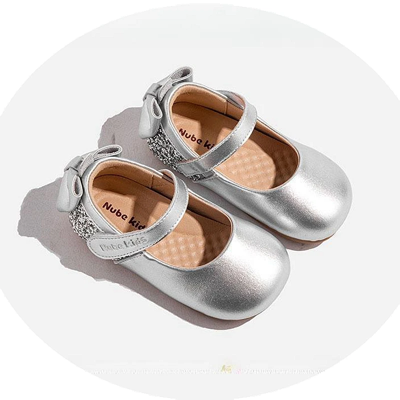 New Girls Dress Shoes With Cute Bowtie Toddler Little Kid Gold Ballet Mary Jane Ballerina Flats Baby Woman Patent Leather Shoe