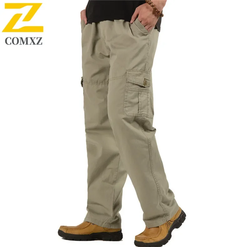 Retro Wide Leg Cargo Straight Pants Men's Outdoor Elastic Waist Workwear Trousers Harajuku Streetwear Khaki Cotton Pocket Pants