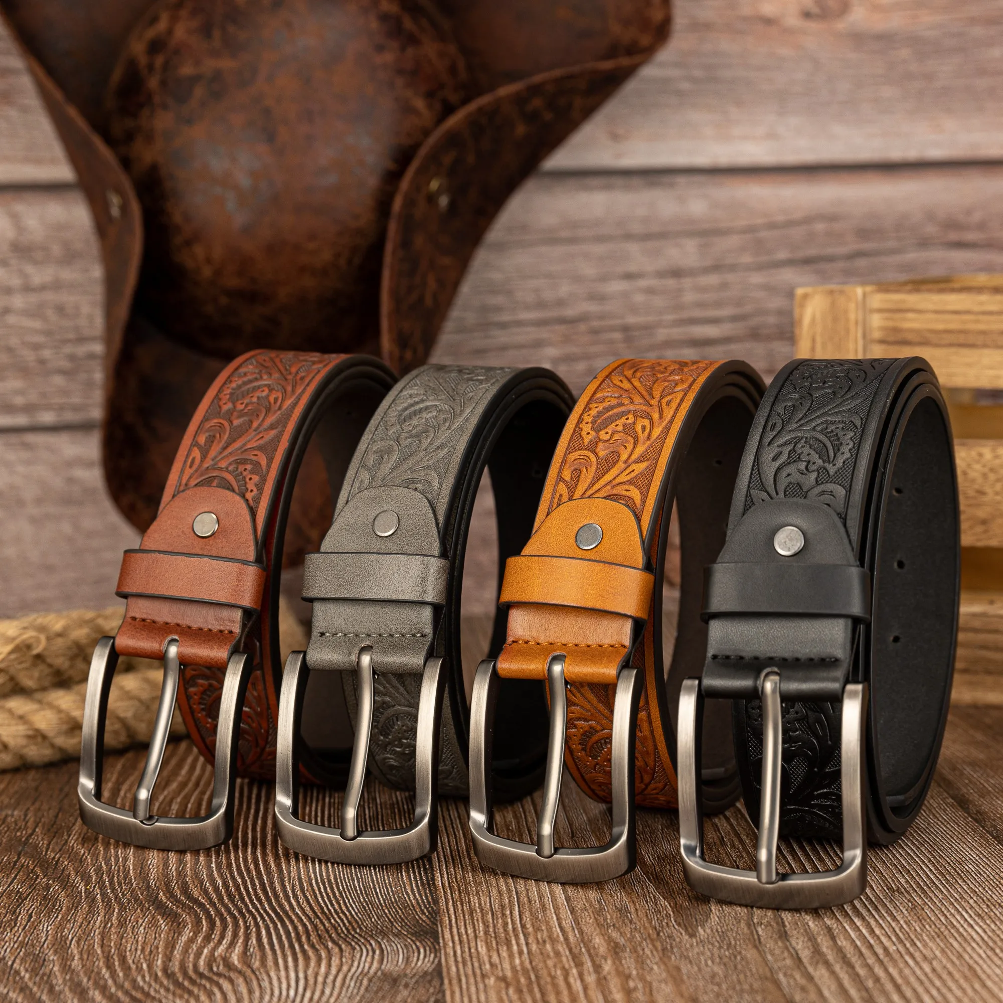 Needle Buckle Retro Simple Leaf and Branch PU Embossed Belt
