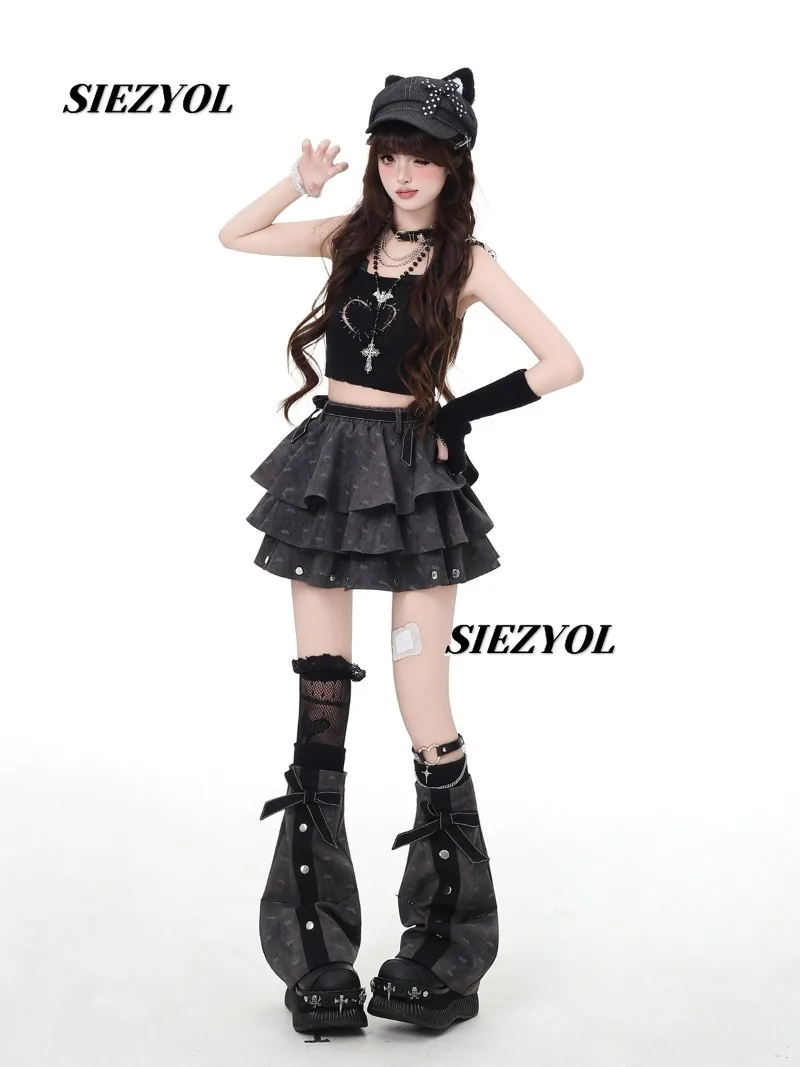 Summer New Arrival Original Niche Style Gray Cake Mini Skirt Sweet Girls Cute High Waist Short Skirts with Leg Warmers