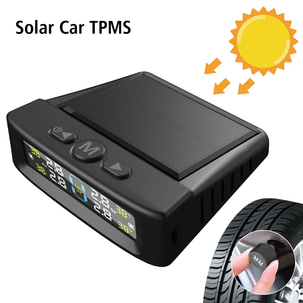 

Солнечный TPMS монитор давления в автомобильных шинах с 4 внешними датчиками, предупреждение о температуре, экономия топлива, система контроля давления в шинах