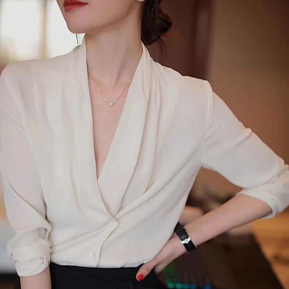 European Station Long sleeved Shirt Women's Spring and Autumn New Fashion Light Luxury High Quality Loose V-neck Chiffon Top