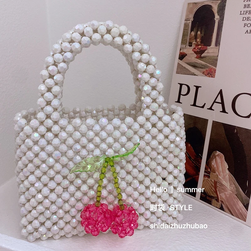 New Woven Acrylic Bead Ins Cherry Bag Handmade DIY Summer Cute Girl Fairy Daily Street Handbag 24 Custom Color Women\'s Bags
