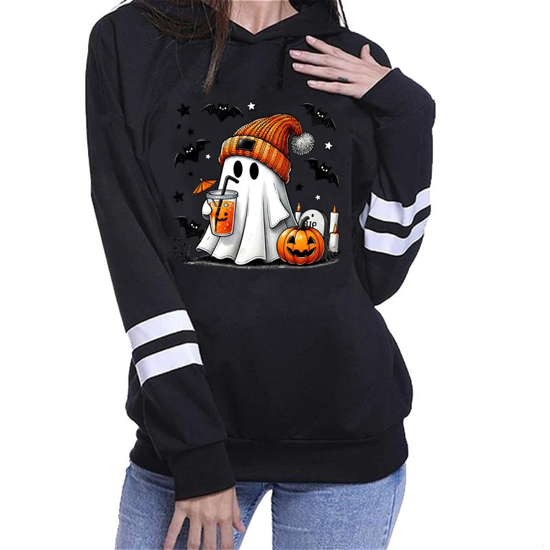 Halloween Ghost Pumpkin Bat Print Hoodies For Women Fashion Casual Long Sleeves Sweatshirts Ladies Halloween Pullovers Tops