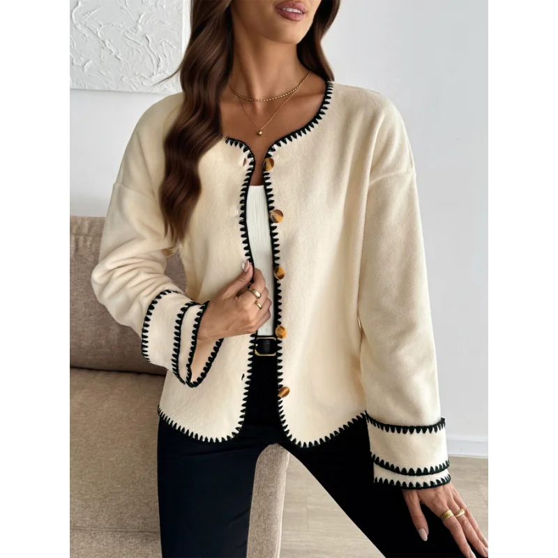 2025 novo outono e inverno casual contraste cardigan para mulheres solto velo em torno do pescoço jaqueta