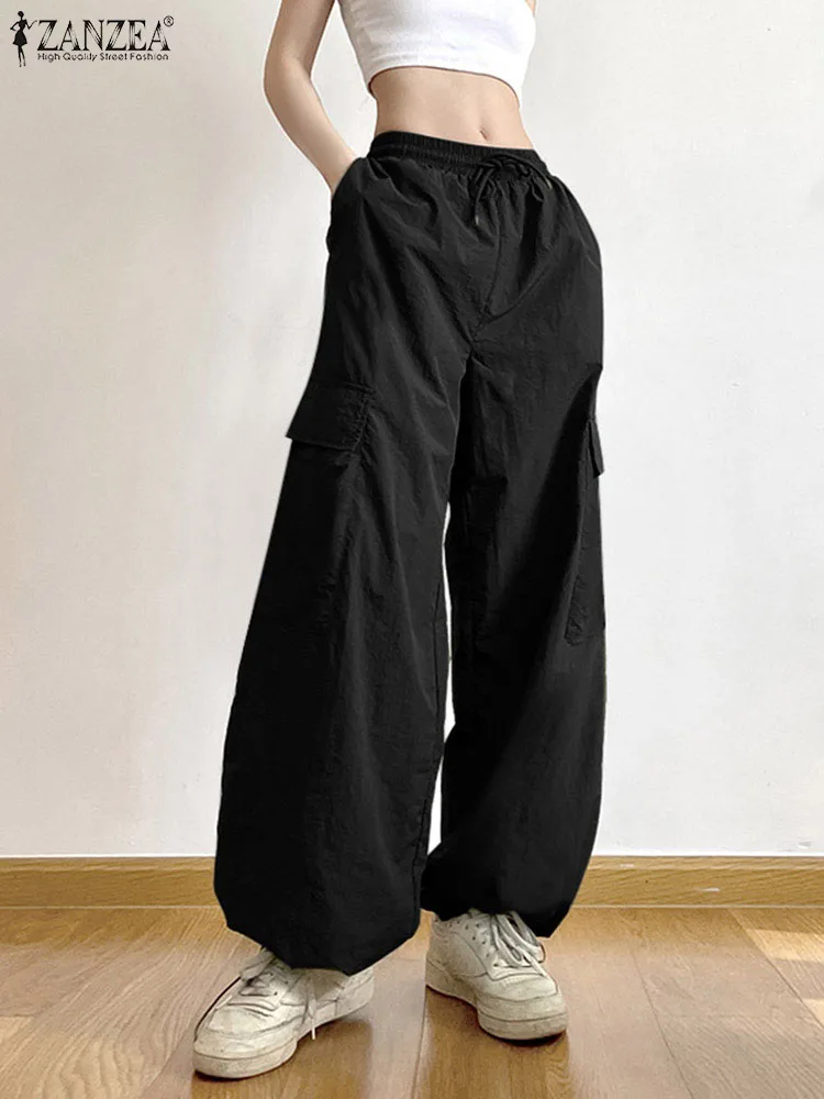 

Women Cargo Long Pants ZANZEA Fashion Drawstring Elastic Waist Pantalon Casual Loose Wide Leg Trouser Streetwear 2024 Sweatpants