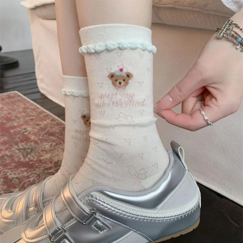Dreamlikelin 5pairs/Pack Women's Spring Summer Thin Socks Cute Pink Bear Pattern Print Sweat Absorbent Crew Socks