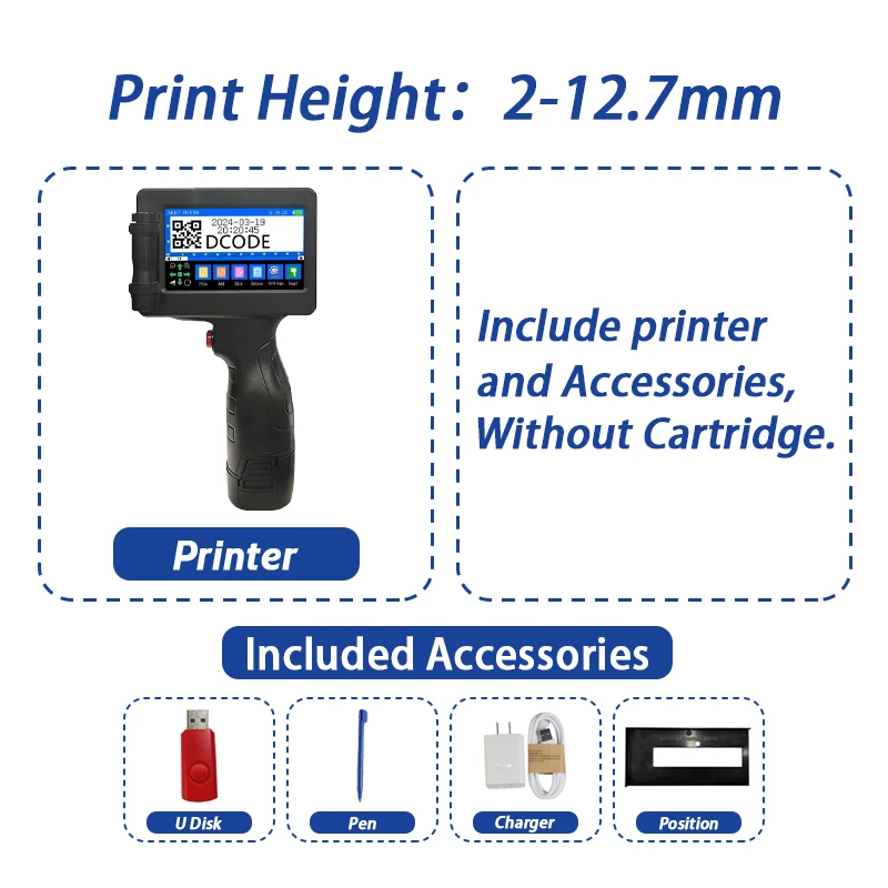 DCODE 1755PLUS 12,7 mm draagbare printers Handheld inkjetprinter Tekst QR Barcode Batchnummer Logo Afbeelding Datum Drukmachine