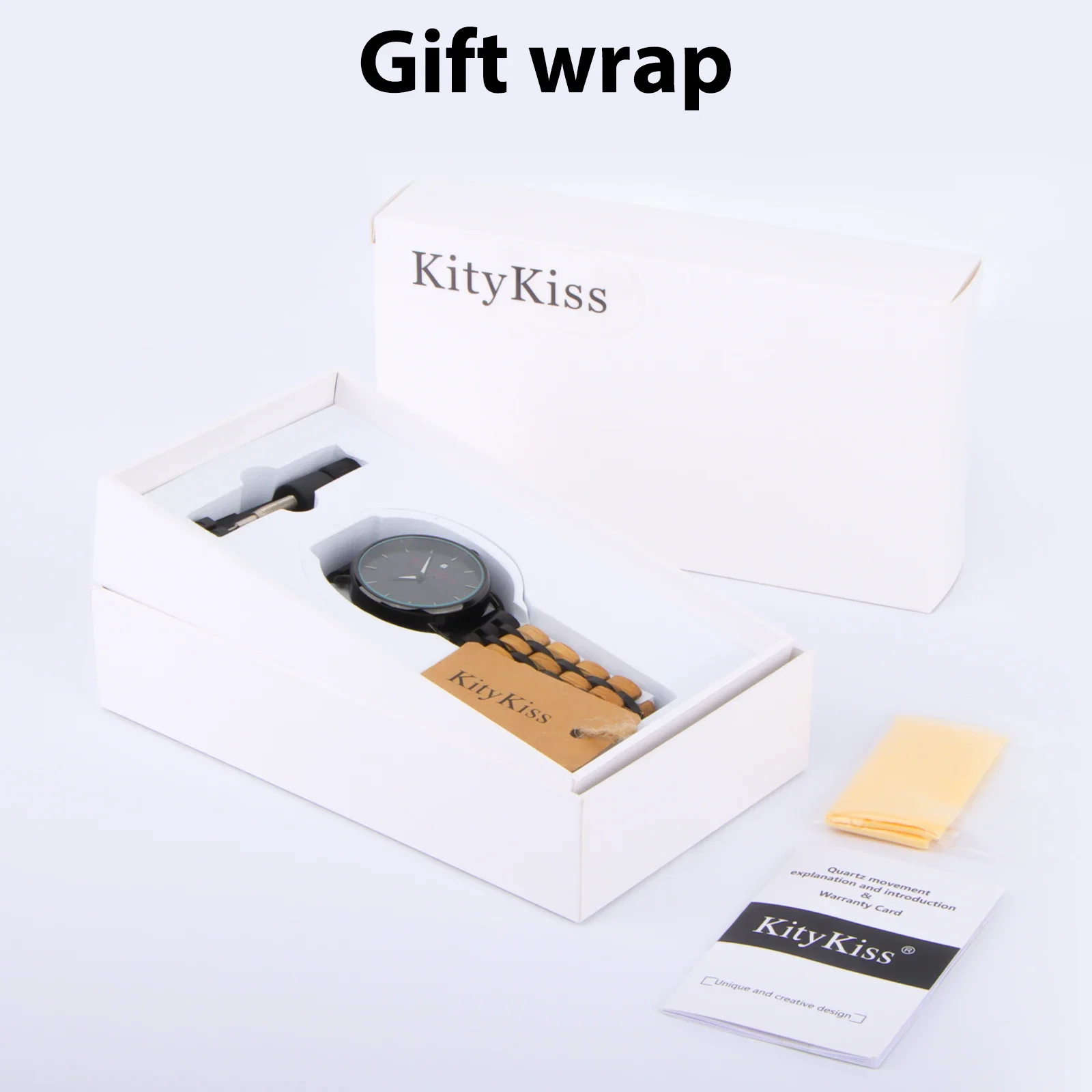 KityKiss-Reloj de madera fino para hombre y mujer, resistente al agua, de cuarzo, con fecha semanal, aleación combinada con embalaje de regalo