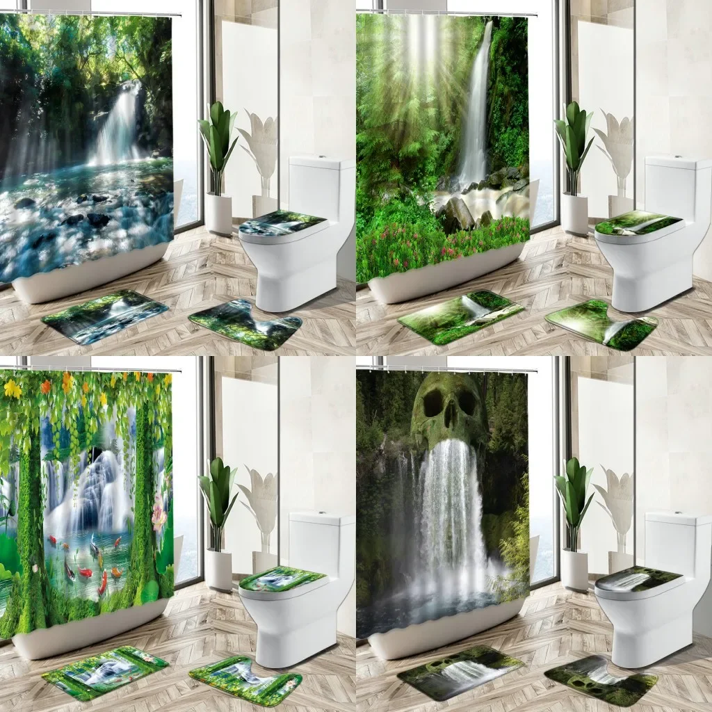 Waterfall Lake Scenery Shower Curtain Forest Green Plants Flowers Spring Natural Landscape Home Rug Toilet Cover Bath Mat Set