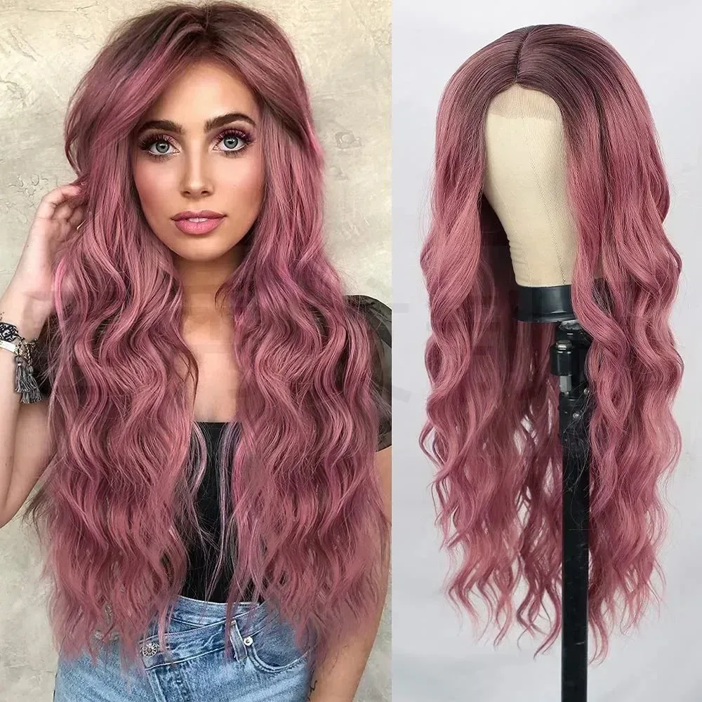 Gradient Black to Pink Wigs Synthetic Wigs Ladies Long Natural Wave Heat Resistant Wigs Natural Look