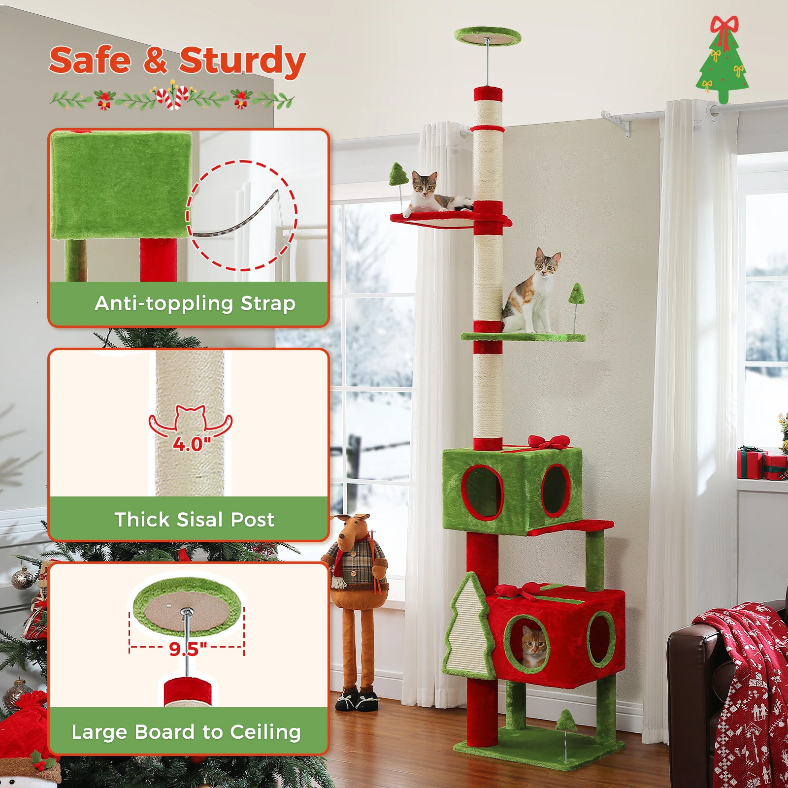 Weihnachts-Katzenbaumturm mit rot-grünem Eigentumswohnung, mehrstufiger Katzenturm mit Sisal-Kratzbäumen, Katzenmöbel für Hauskatzen – Detail 29