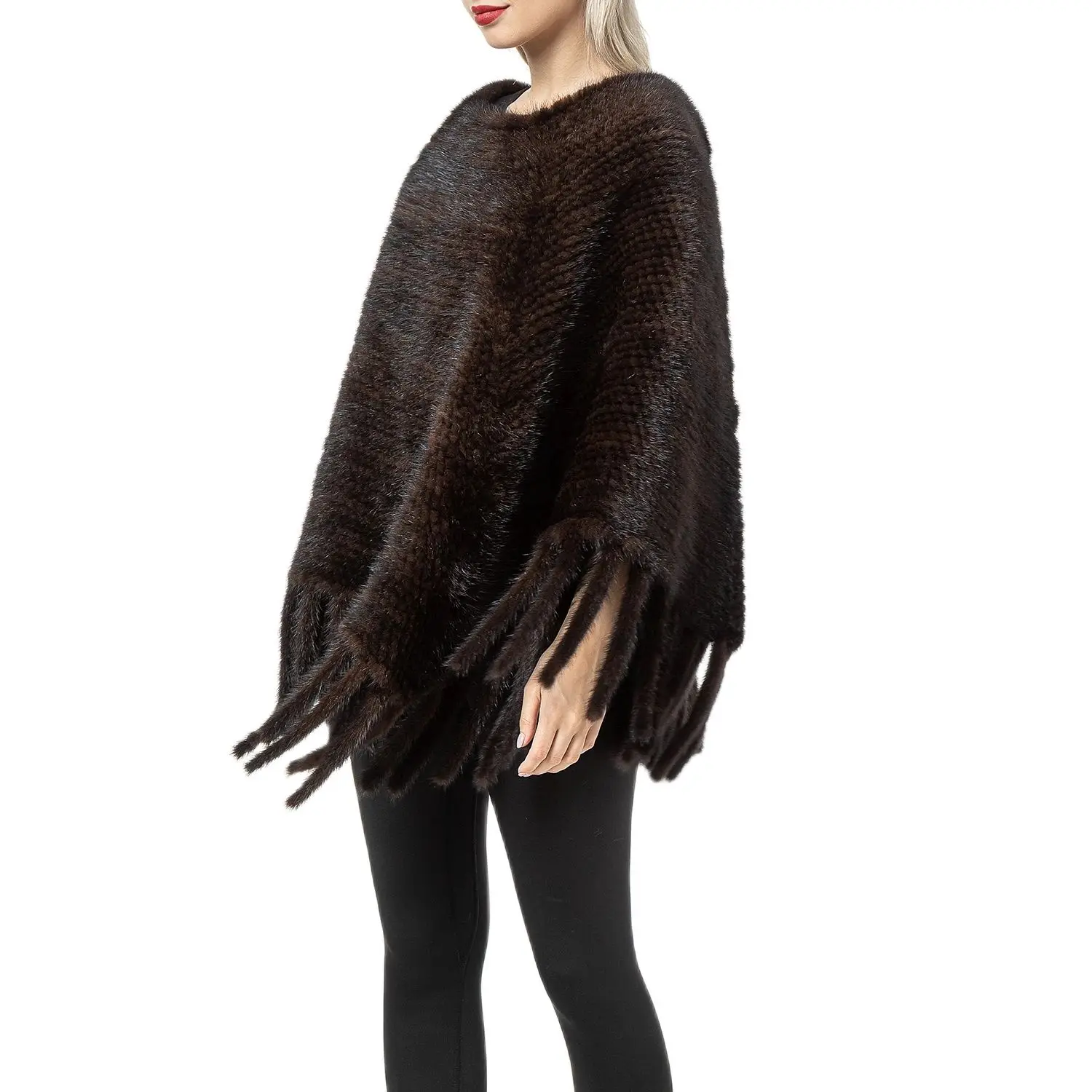 

Women's Real Mink Fur Poncho with Tassels, Luxury Women Pullover, Large Size, 210917