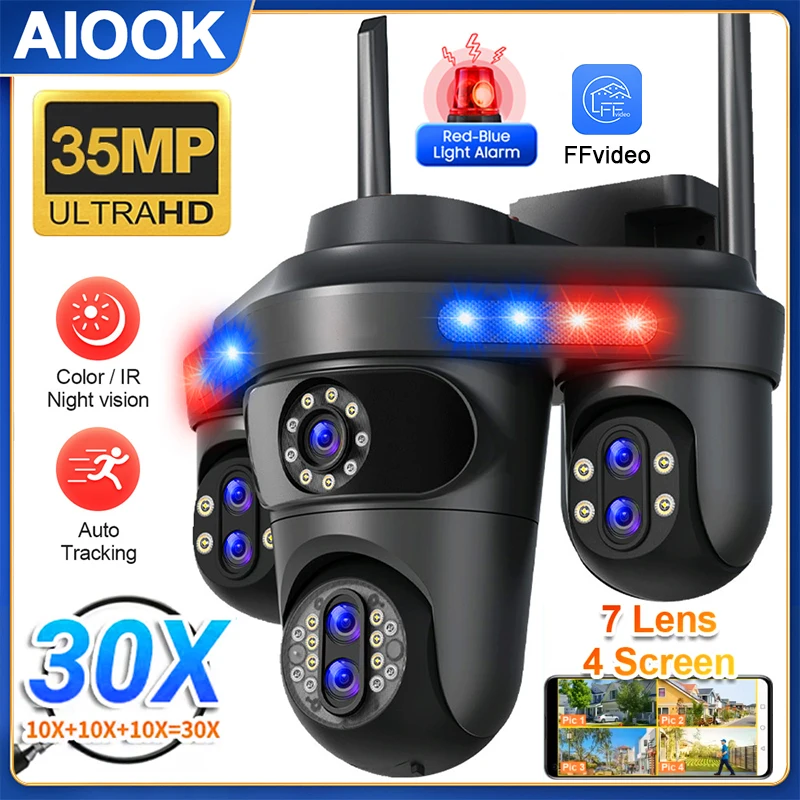 

AIOOK 7 Lens 4 Screen Security Camera 30X ZOOM HD 35MP WiFi Camera Outdoor IP66 Waterproof Color Night Vision Mobile Tracking