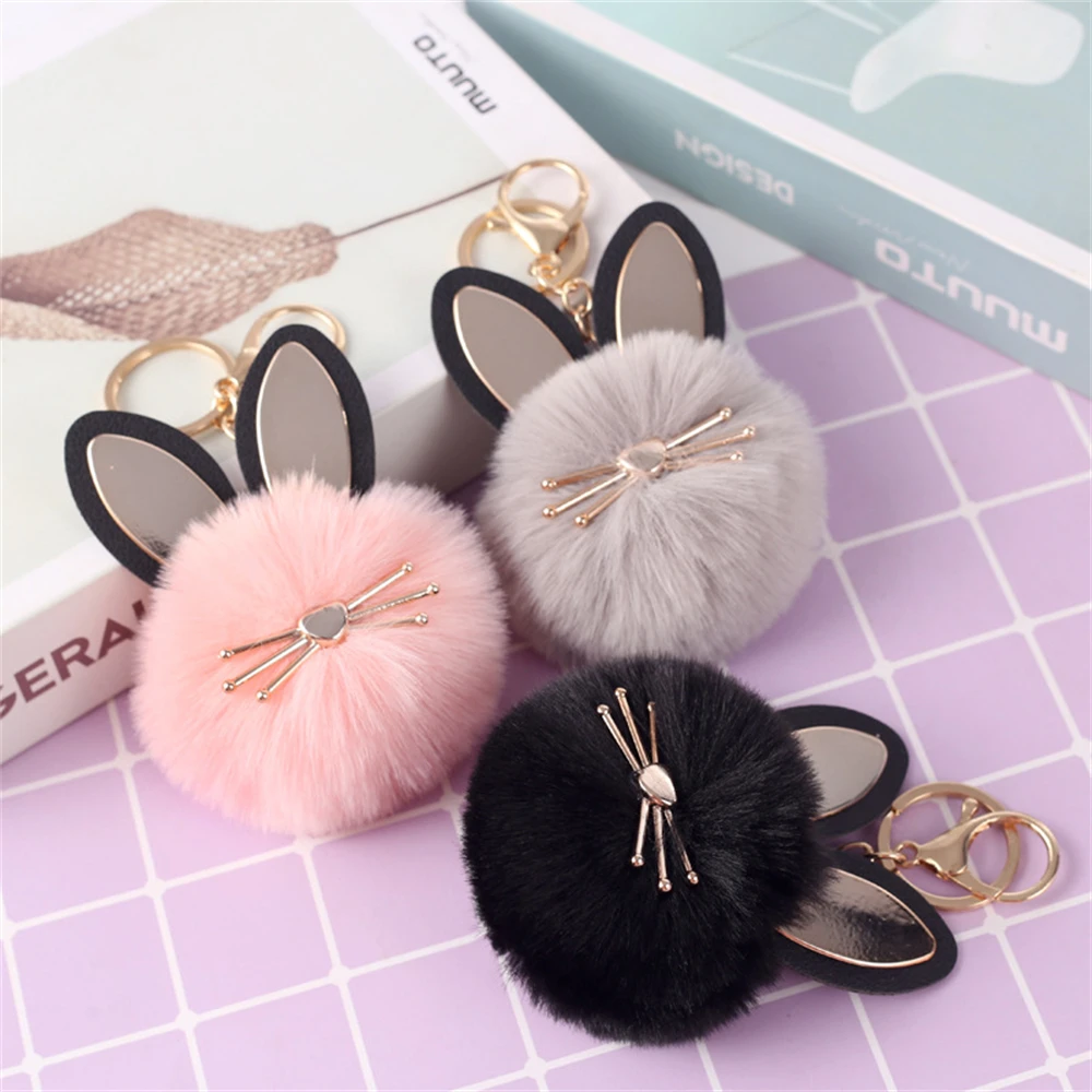 Fluffy Rabbit Fur Ball Cat Head Keychain Pompom Key Chain Imitation Rabbit Hair Keyring Holder Bag Charm Trinket Chaveiros