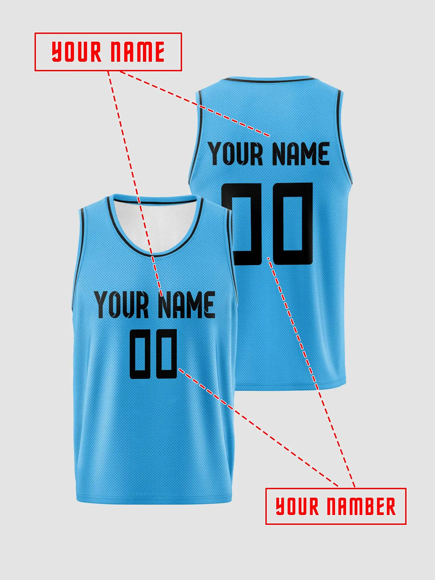 Light Blue Black Trim Custom Basketball Jersey Set, Adults Kids Name Number Print Quick‑Dry Uniform