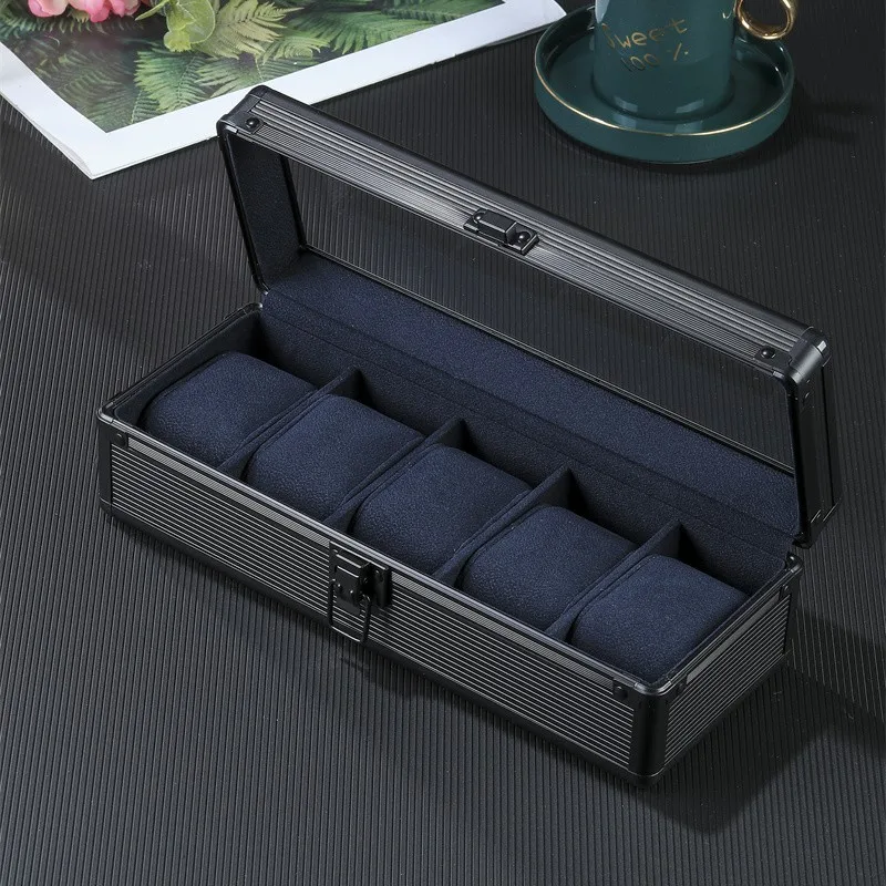 Safe Box Watch Box Organizer Black Transparent Aluminum Alloy Case Metal Storage Watch Boxes With Pillow Display Fall Prevention