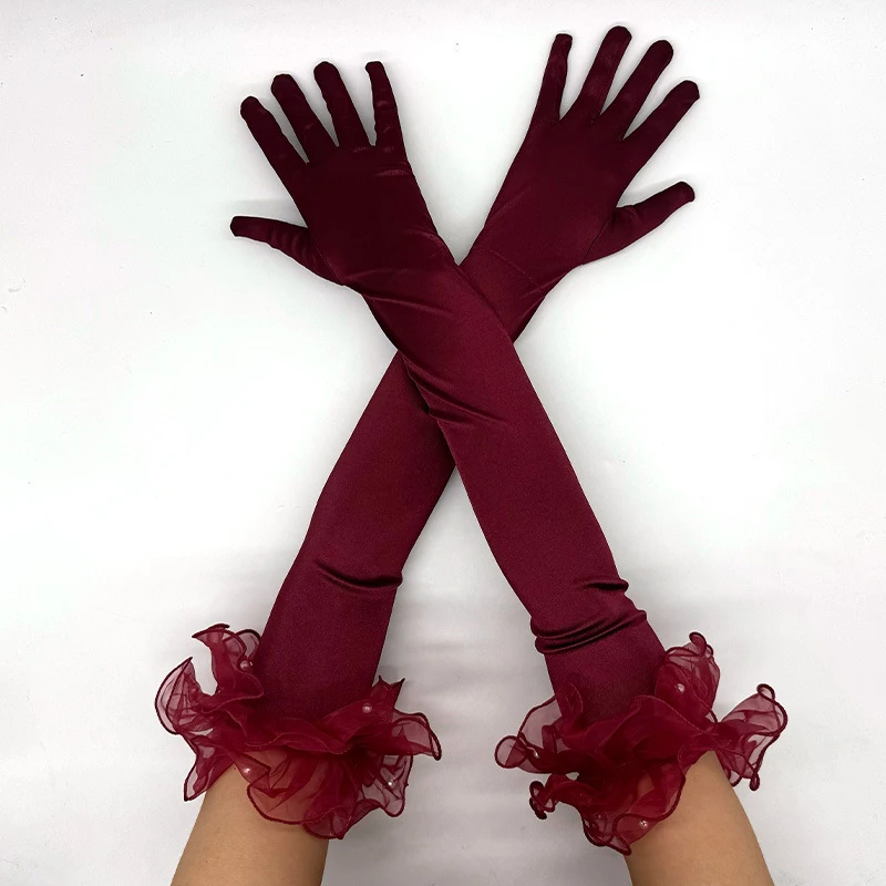 

55cm Satin Long Gloves Pearl Ruffled Cuffs Wedding Dress Gloves Dance Party Stage Performance Costumes Accessories