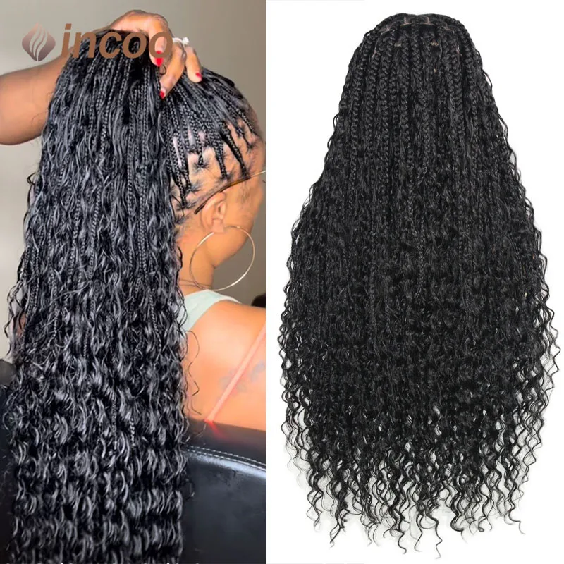 Pelucas trenzadas con caja de encaje completa para mujer negra, cabello de bebé bordado, peluca Bohemia trenzada, diosa sin nudos, cabello rizado, 32"