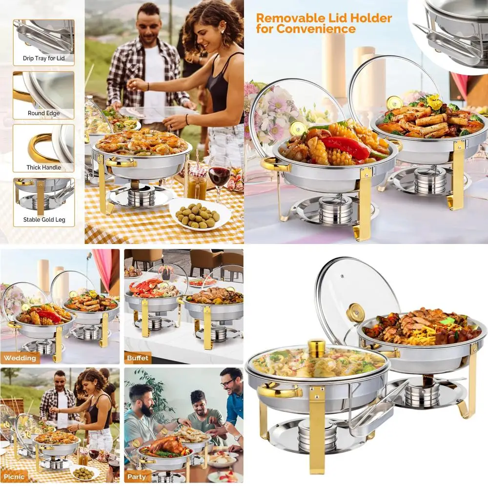 

Набор из 2-х круглых подогревателей для фуршета из нержавеющей стали, объемом 5 кварт, со стеклянной крышкой, съемным подносом, идеально подходит для кейтеринга, свадеб